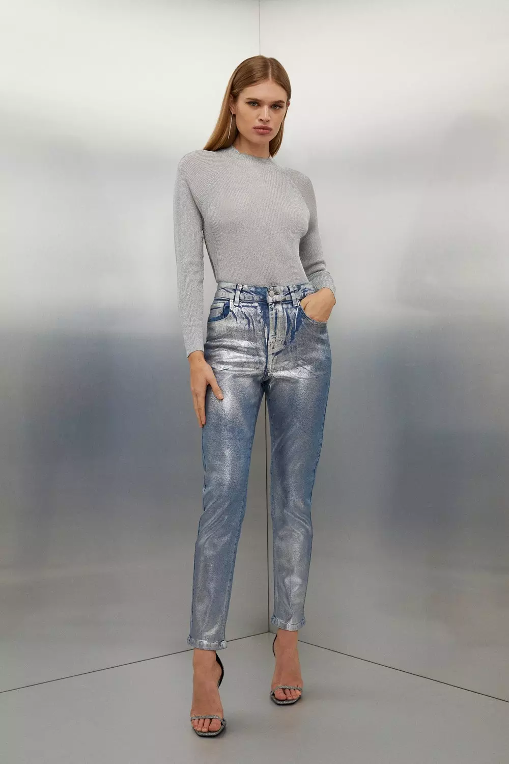 High Rise Slim Leg Silver Foiled Jeans Karen Millen